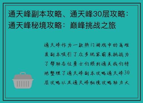 通天峰副本攻略、通天峰30层攻略：通天峰秘境攻略：巅峰挑战之旅